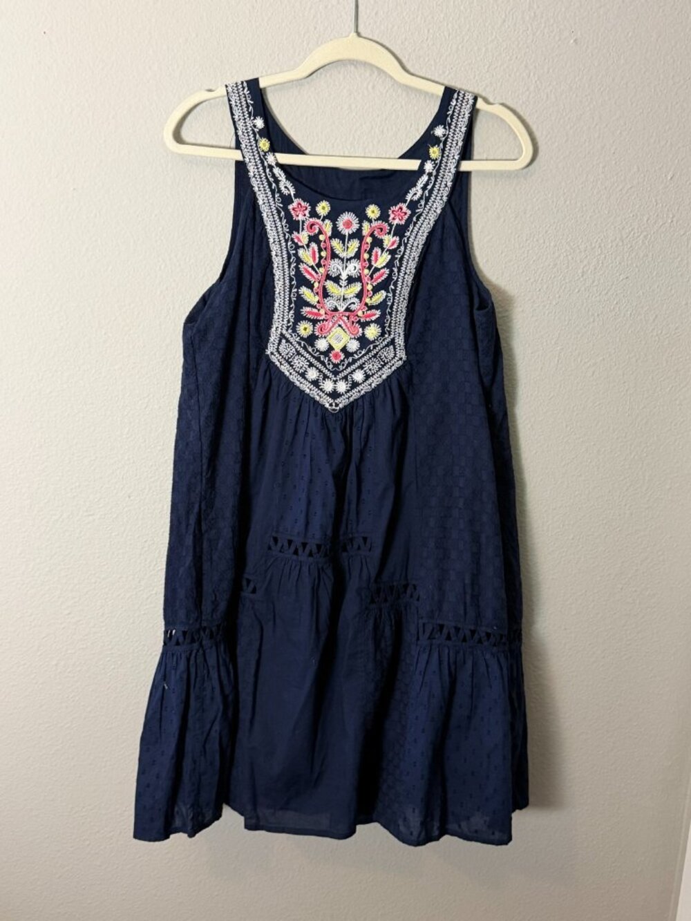Anthropologie Maeve Tisha Dress size 12 Navy Blue Embroidered Lattice Lace Swing - Picture 3 of 9